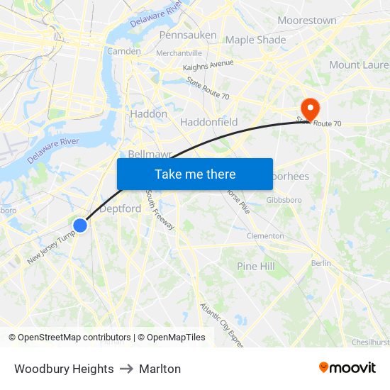 Woodbury Heights to Marlton map