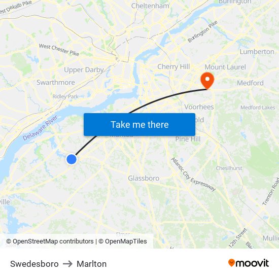 Swedesboro to Marlton map