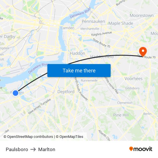 Paulsboro to Marlton map