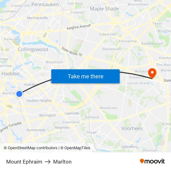 Mount Ephraim to Marlton map