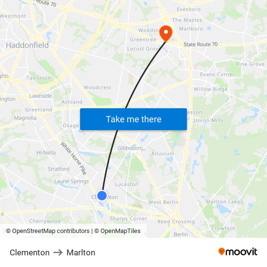 Clementon to Marlton map