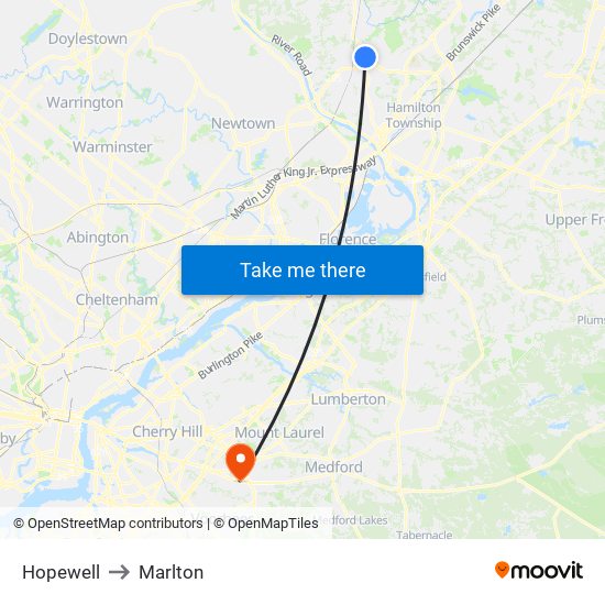 Hopewell to Marlton map