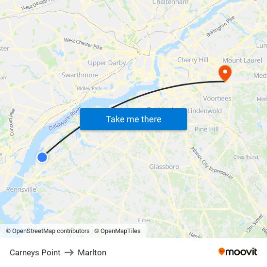 Carneys Point to Marlton map