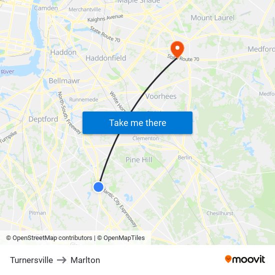 Turnersville to Marlton map