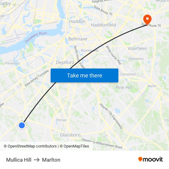Mullica Hill to Marlton map