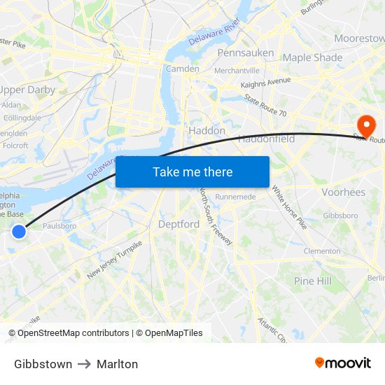 Gibbstown to Marlton map