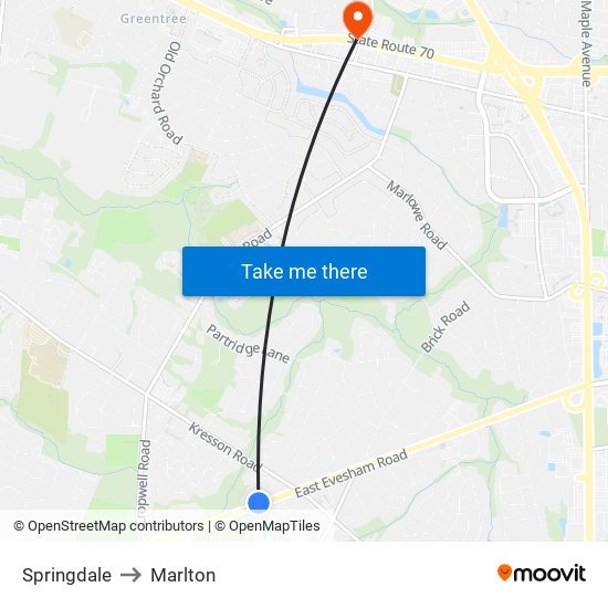 Springdale to Marlton map