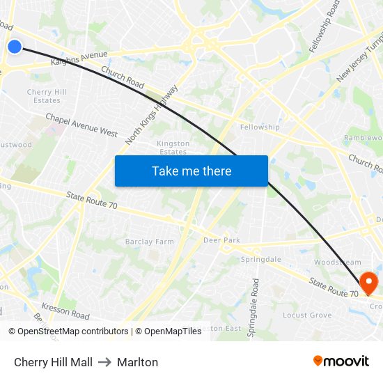 Cherry Hill Mall to Marlton map