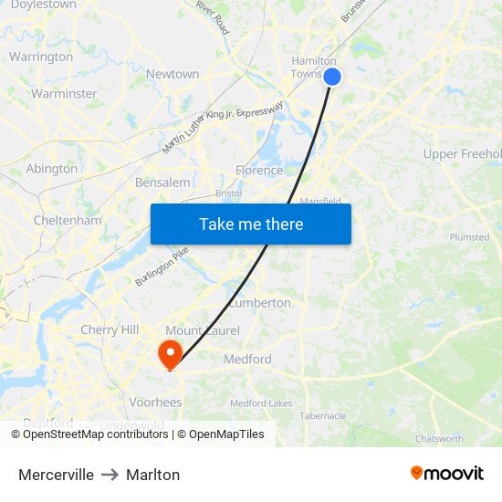 Mercerville to Marlton map