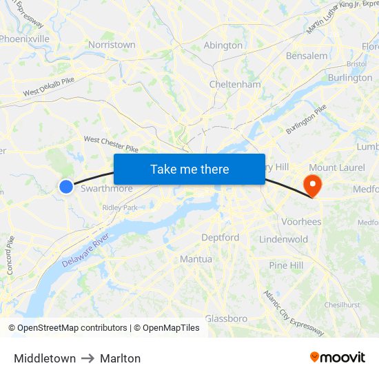 Middletown to Marlton map