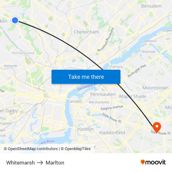 Whitemarsh to Marlton map