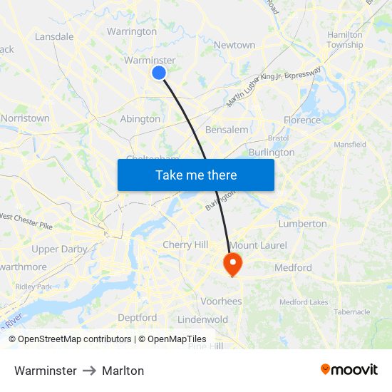 Warminster to Marlton map