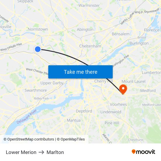 Lower Merion to Marlton map