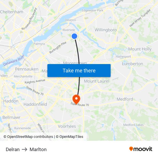 Delran to Marlton map