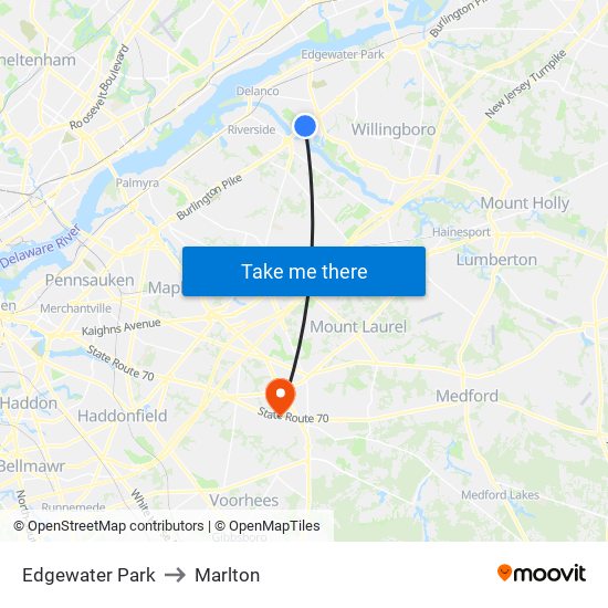Edgewater Park to Marlton map
