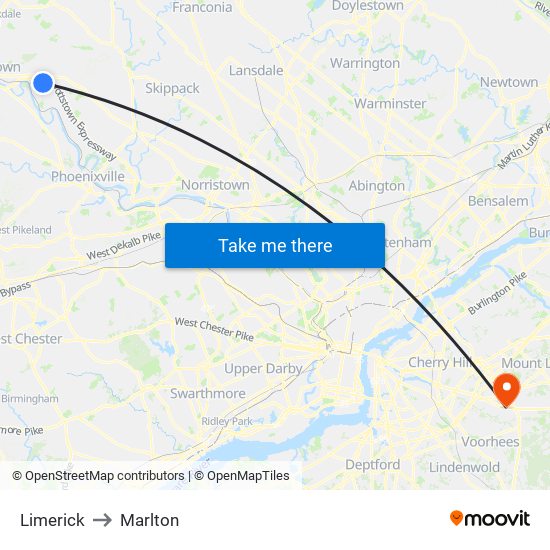 Limerick to Marlton map