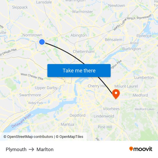 Plymouth to Marlton map