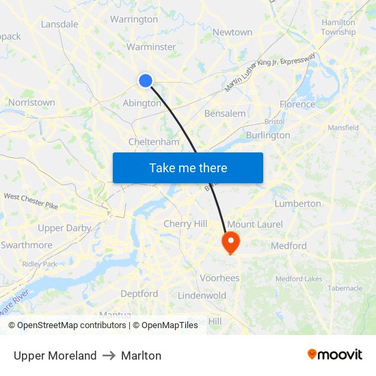 Upper Moreland to Marlton map