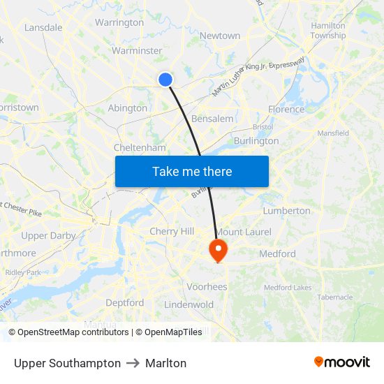 Upper Southampton to Marlton map