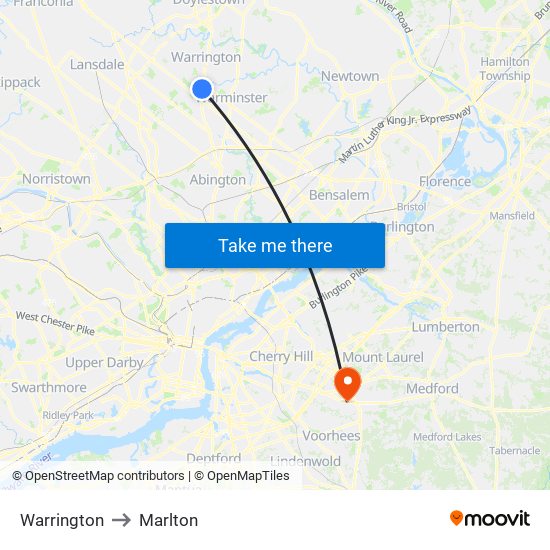 Warrington to Marlton map