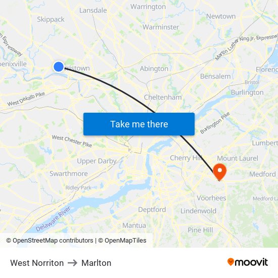 West Norriton to Marlton map