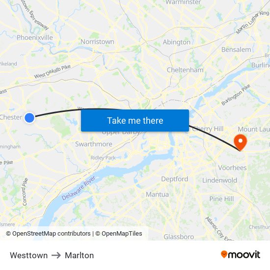 Westtown to Marlton map