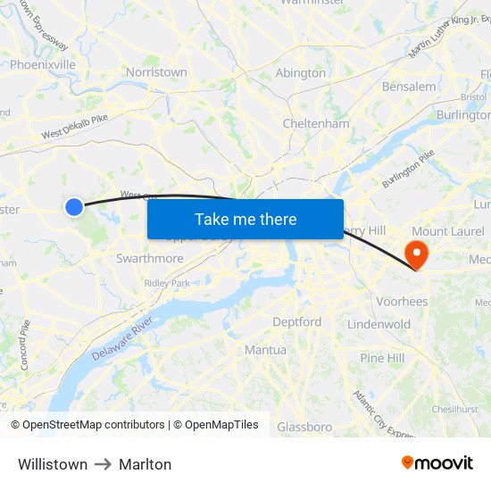 Willistown to Marlton map