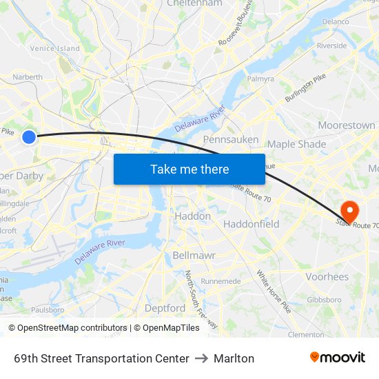 69th Street Transportation Center to Marlton map