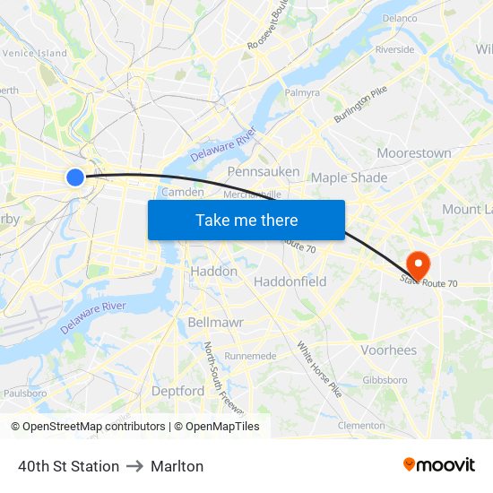 40th St Station to Marlton map