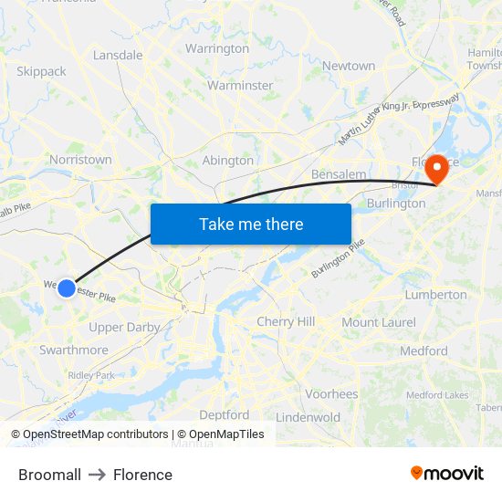 Broomall to Florence map