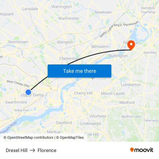 Drexel Hill to Florence map