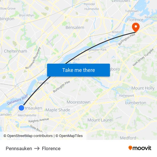 Pennsauken to Florence map