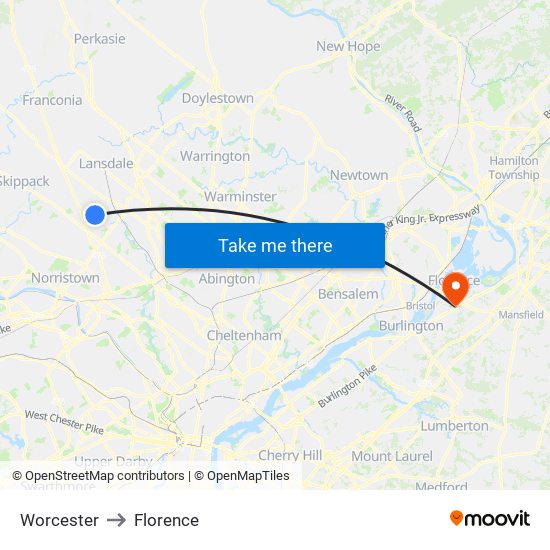 Worcester to Florence map