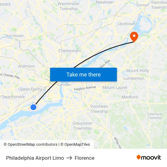 Philadelphia Airport Limo to Florence map