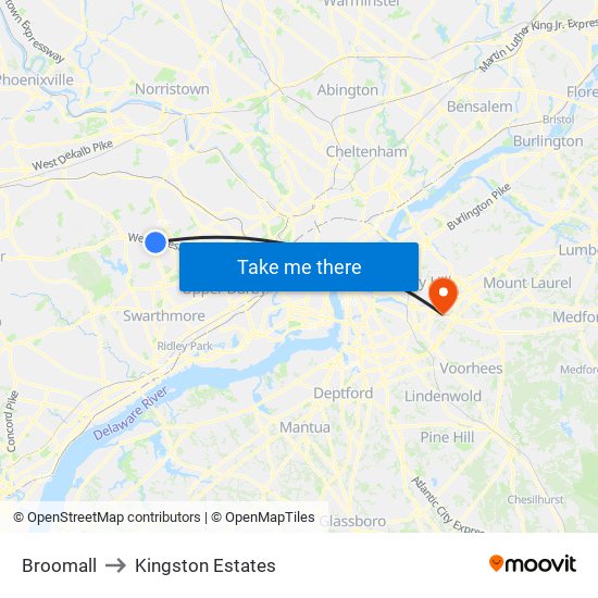 Broomall to Kingston Estates map