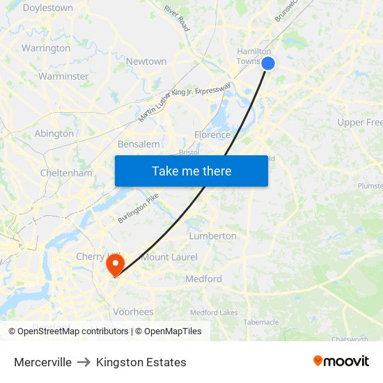 Mercerville to Kingston Estates map