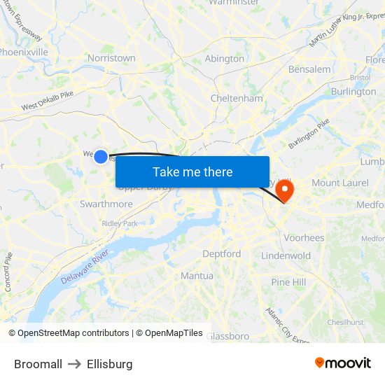 Broomall to Ellisburg map