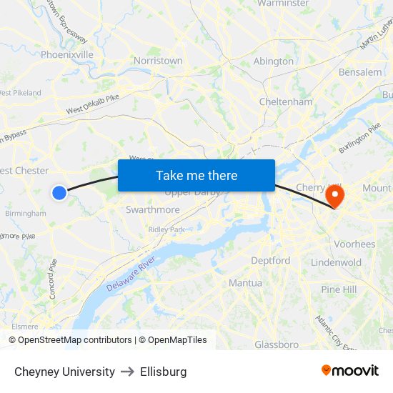 Cheyney University to Ellisburg map