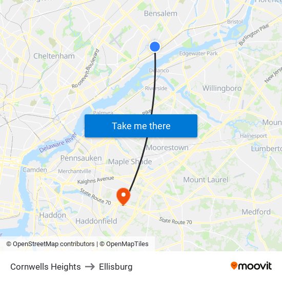 Cornwells Heights to Ellisburg map