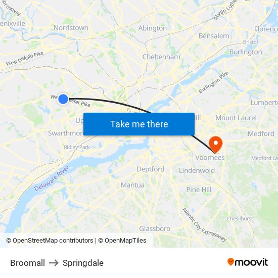 Broomall to Springdale map