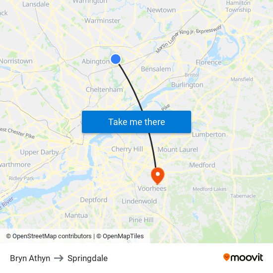 Bryn Athyn to Springdale map