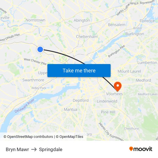 Bryn Mawr to Springdale map