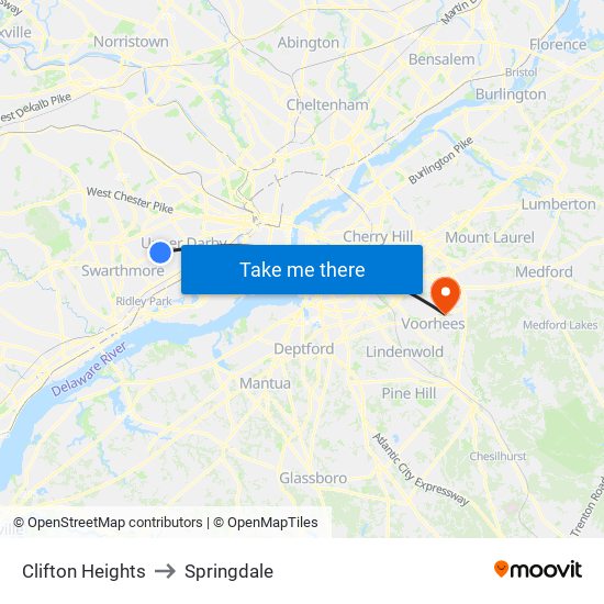 Clifton Heights to Springdale map