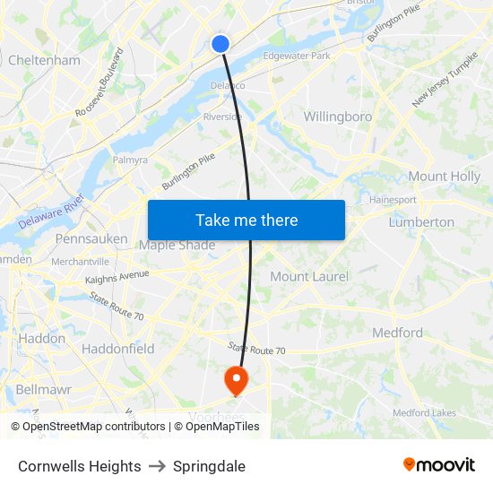 Cornwells Heights to Springdale map