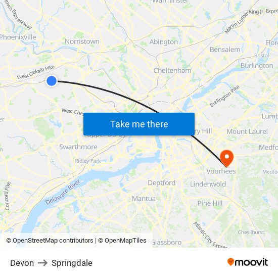 Devon to Springdale map