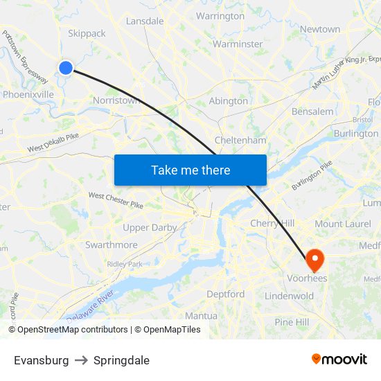 Evansburg to Springdale map