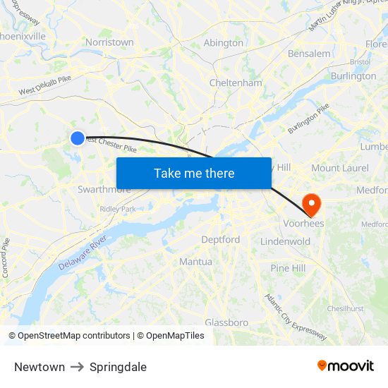 Newtown to Springdale map