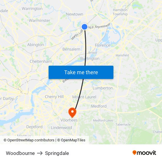 Woodbourne to Springdale map