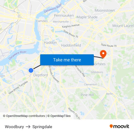 Woodbury to Springdale map