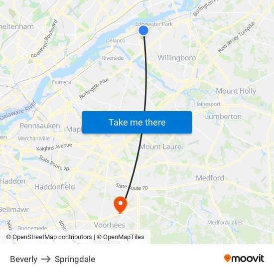 Beverly to Springdale map